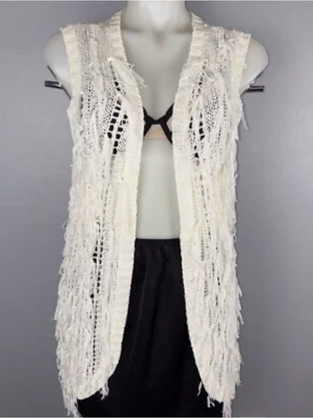 CACHE Cardigan Women’s L‎ Off White Ribbon Open Knit Fringe Sleeveless Boho